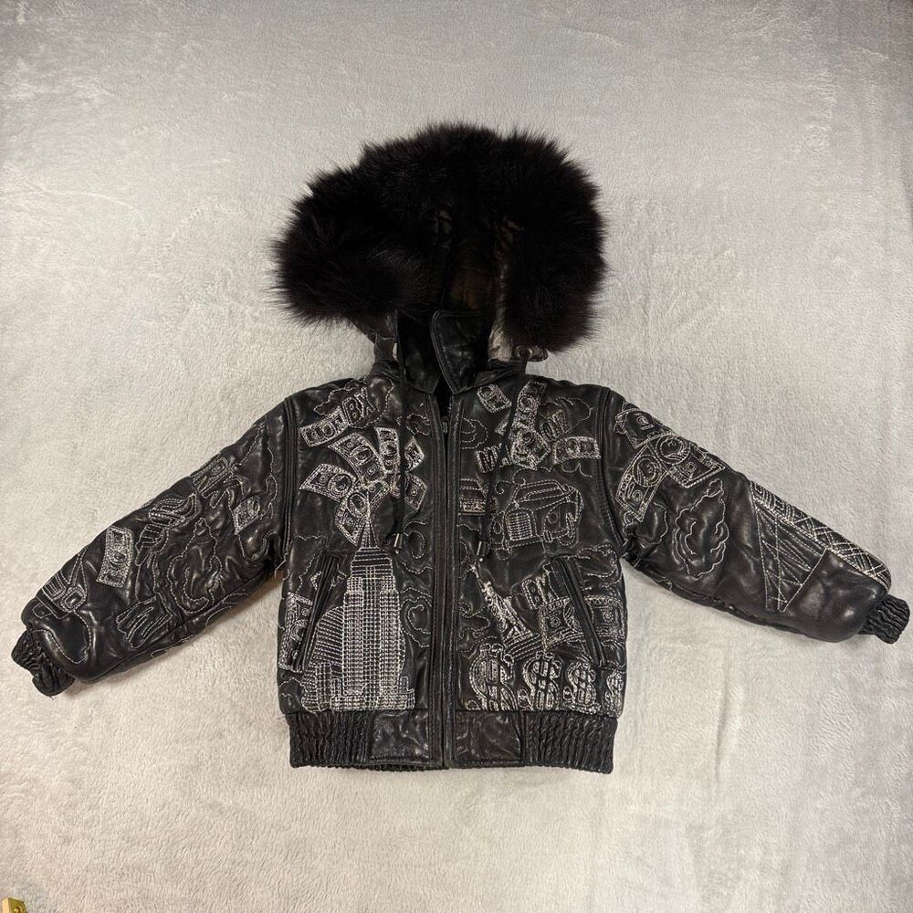 Vintage Knoles & Carter Toddler Graphic Leather Jacket Fur Hood Y2K Size Large G